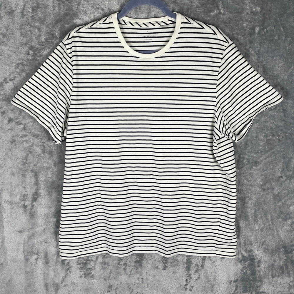 Everlane Striped T-Shirt Mens XL Ivory Black Very Good Organic Cotton Crewneck